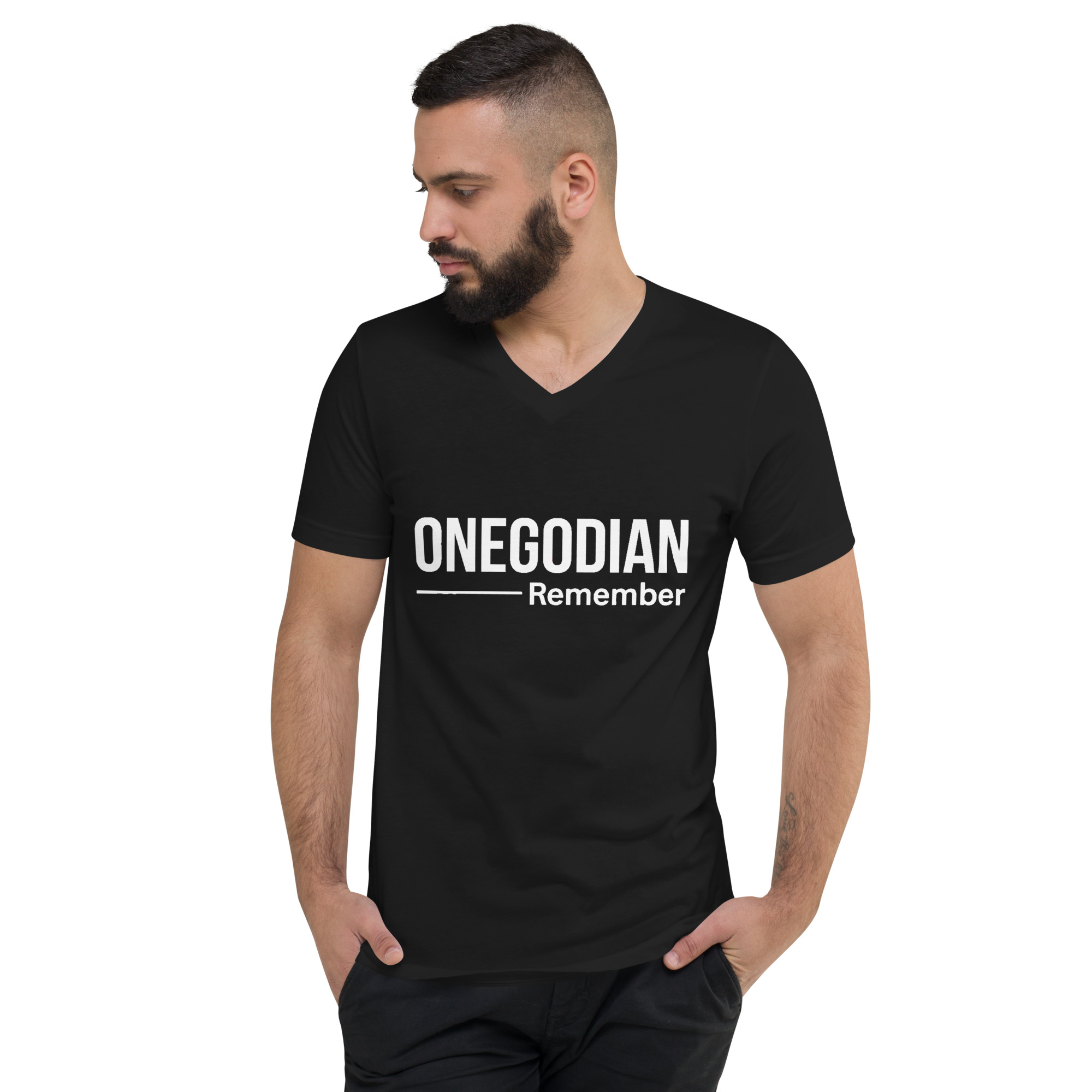 ONEGODIAN: Remember – Unisex Short Sleeve V-Neck T-Shirt – White - Image 3