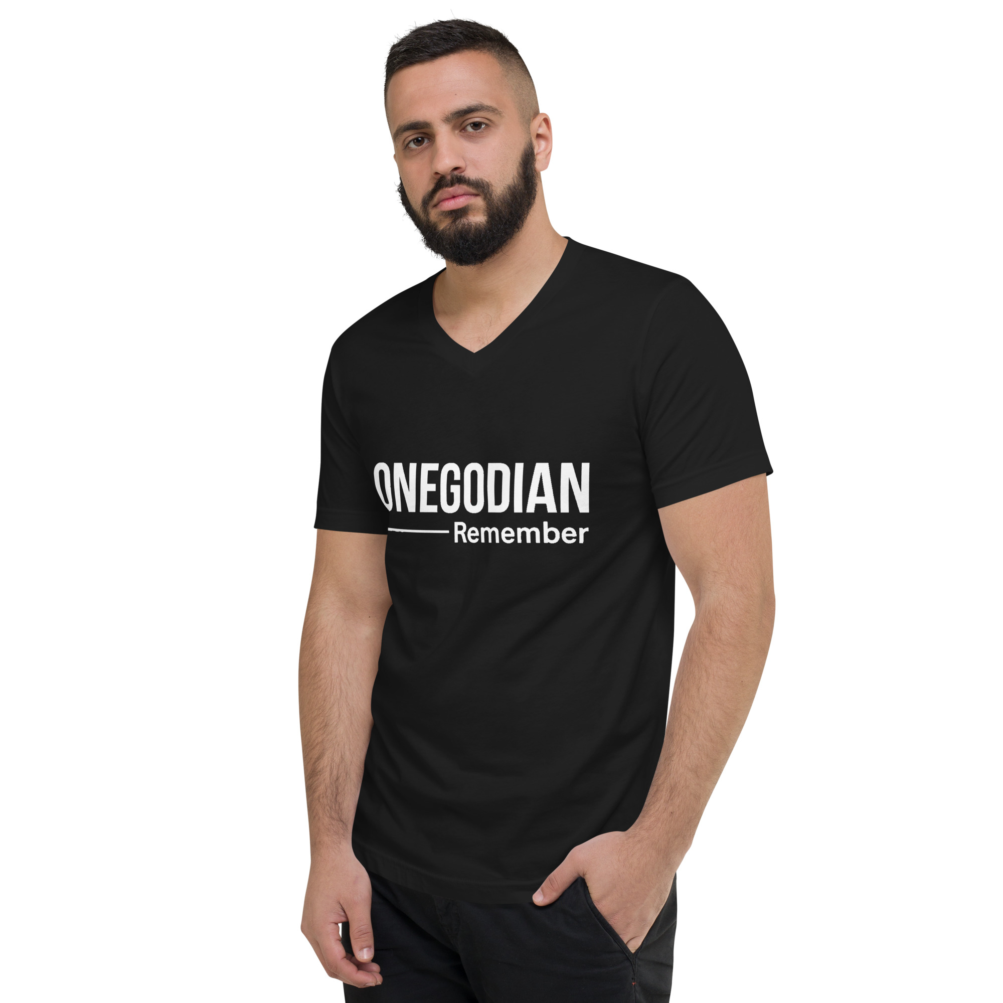 ONEGODIAN: Remember – Unisex Short Sleeve V-Neck T-Shirt – White - Image 2