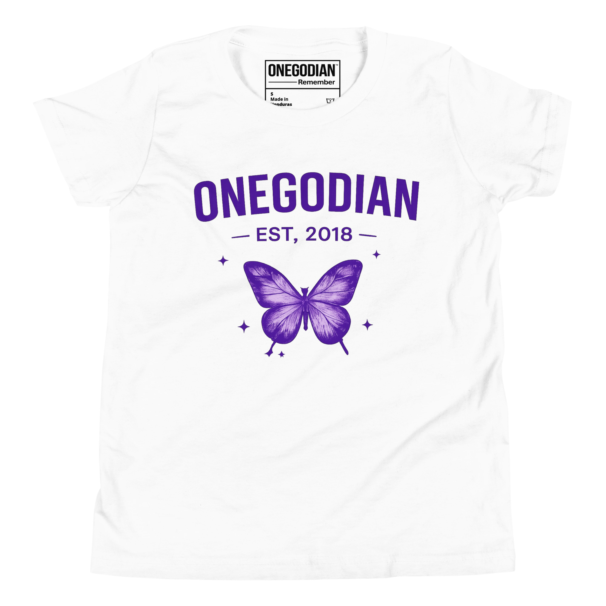 ONEGODIAN: Butterfly – Youth Short Sleeve T-Shirt – Purple