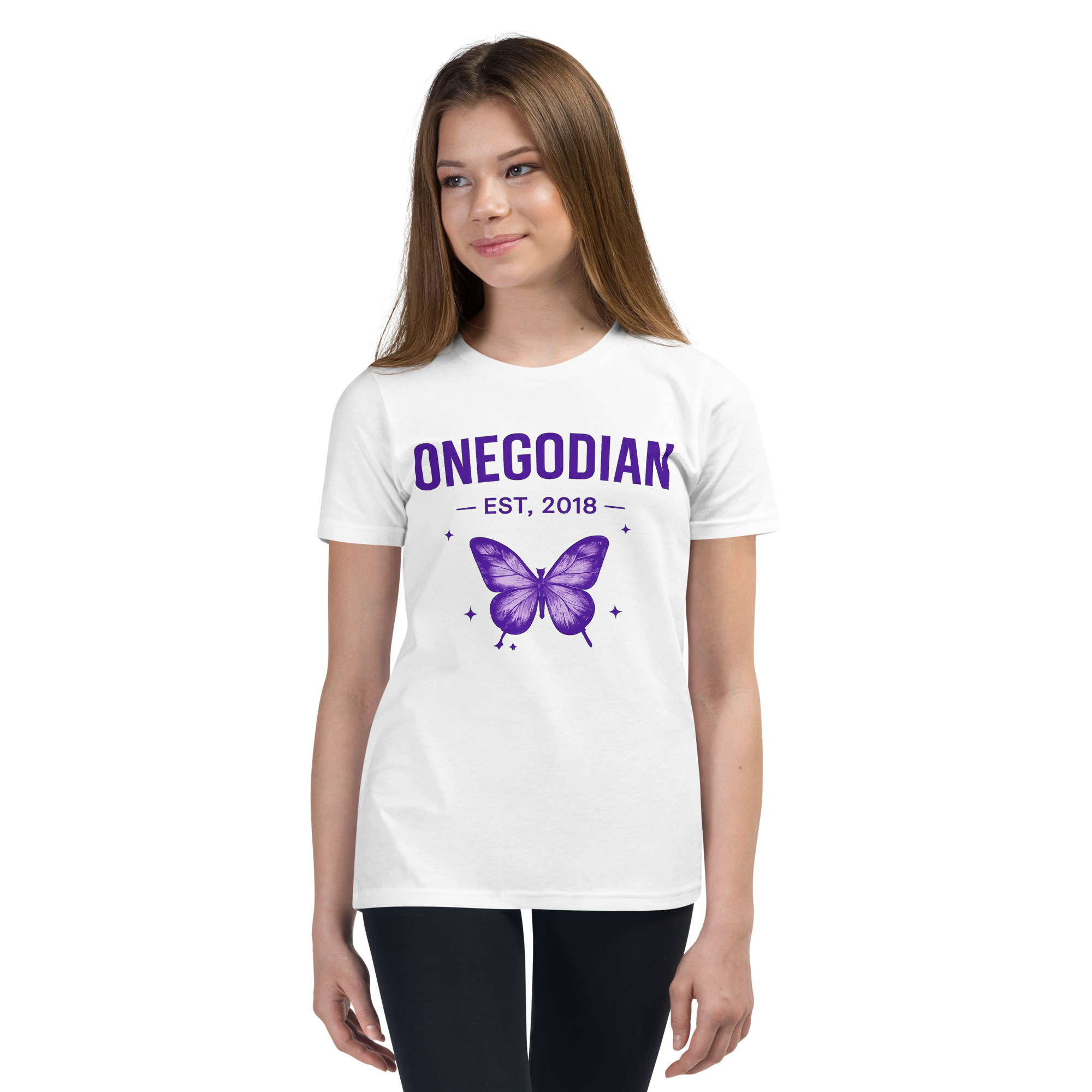 ONEGODIAN: Butterfly – Youth Short Sleeve T-Shirt – Purple - Image 2